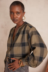 SAMANTHA ALMOND CHECKED BLOUSE