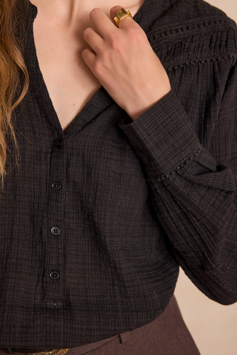 SHANA BLACK EMBROIDERED COTTON BLOUSE