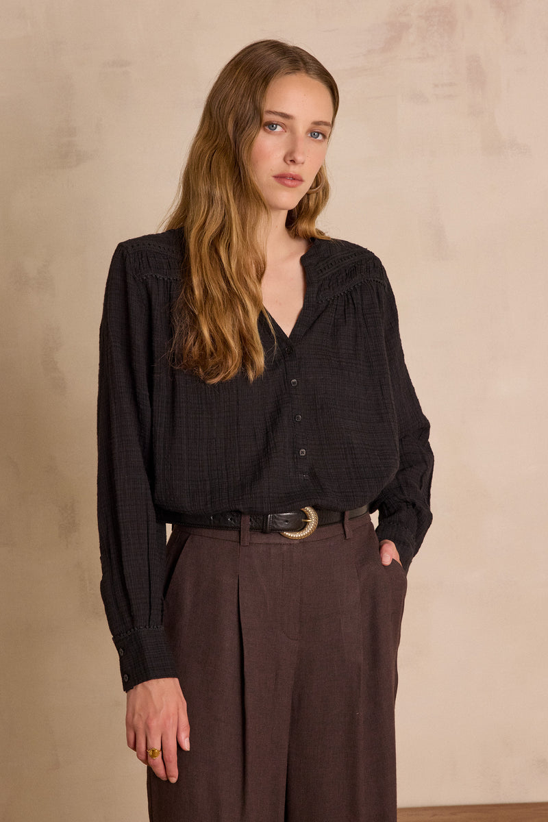 SHANA BLACK EMBROIDERED COTTON BLOUSE