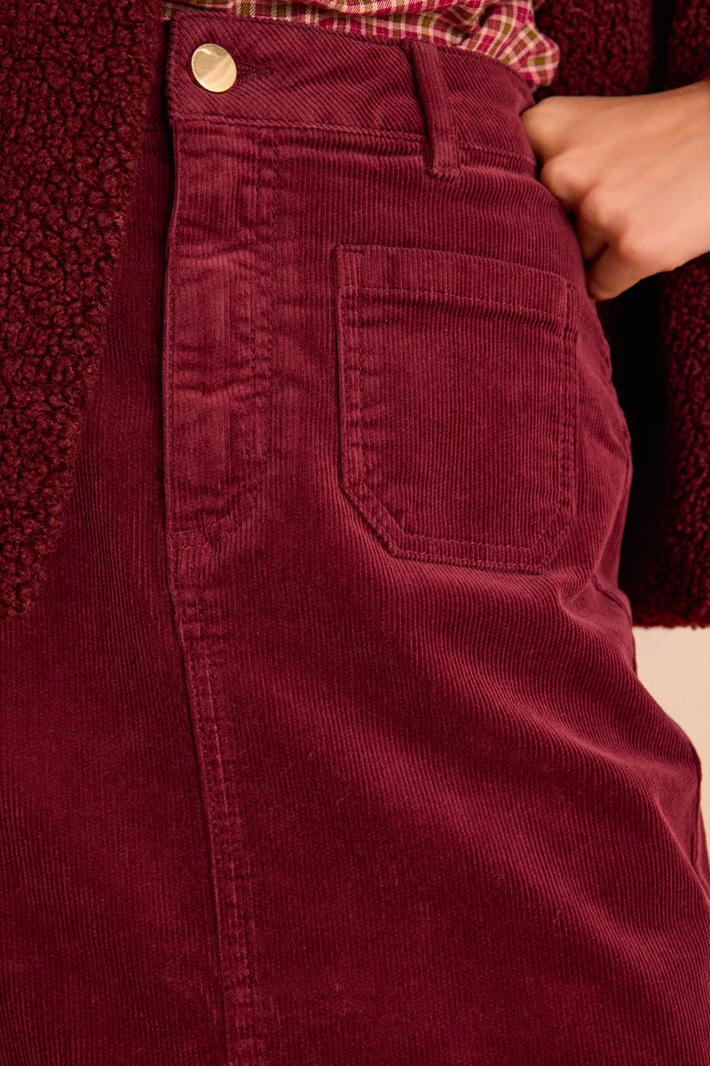 CLEO BURGUNDY STRAIGHT CORDUROY SKIRT