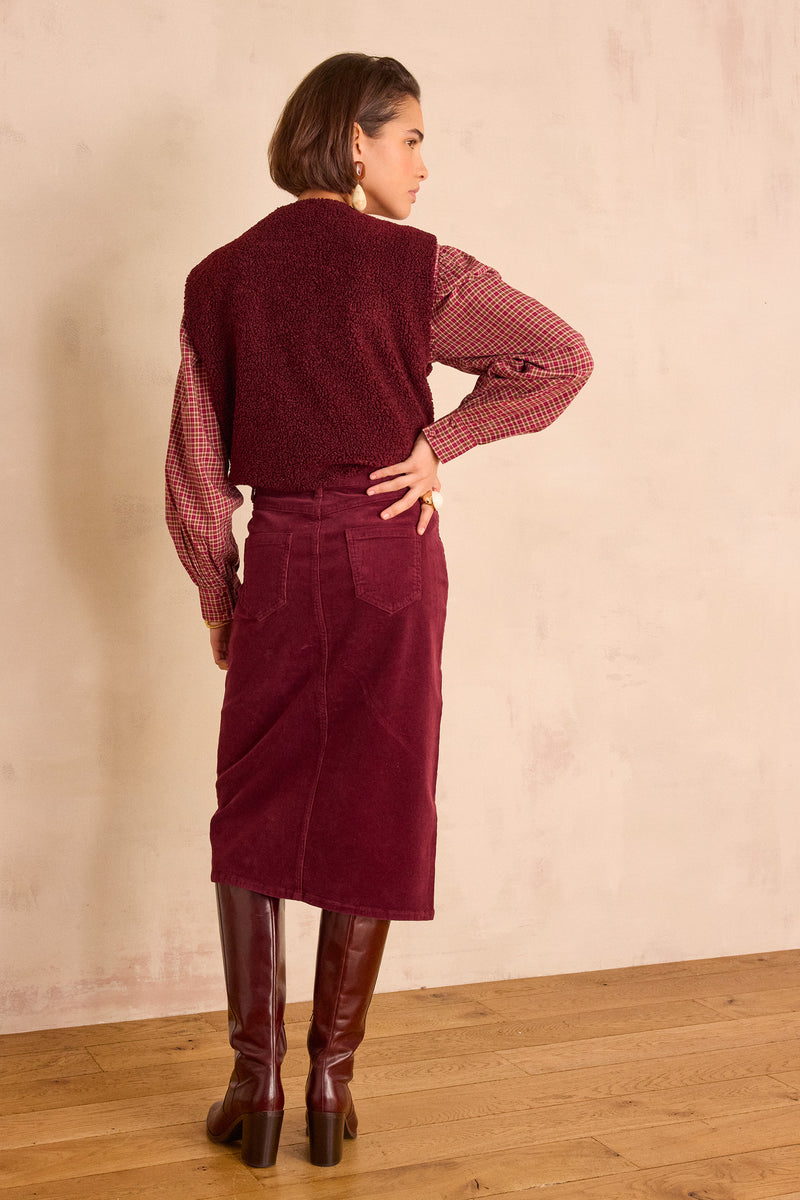 CLEO BURGUNDY STRAIGHT CORDUROY SKIRT