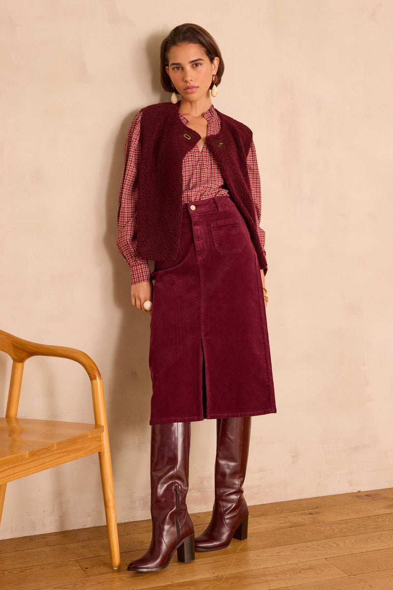 CLEO BURGUNDY STRAIGHT CORDUROY SKIRT