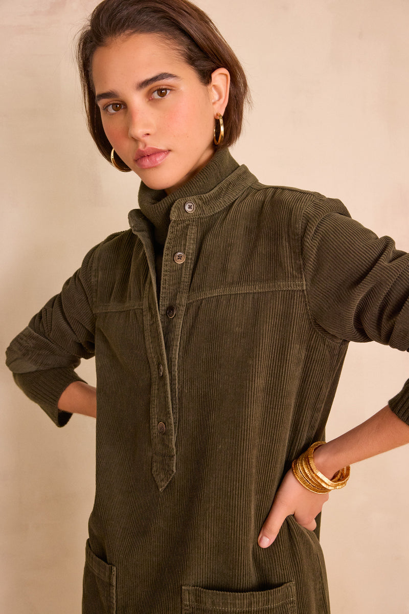 RITA KHAKI VELVET SHIRT DRESS