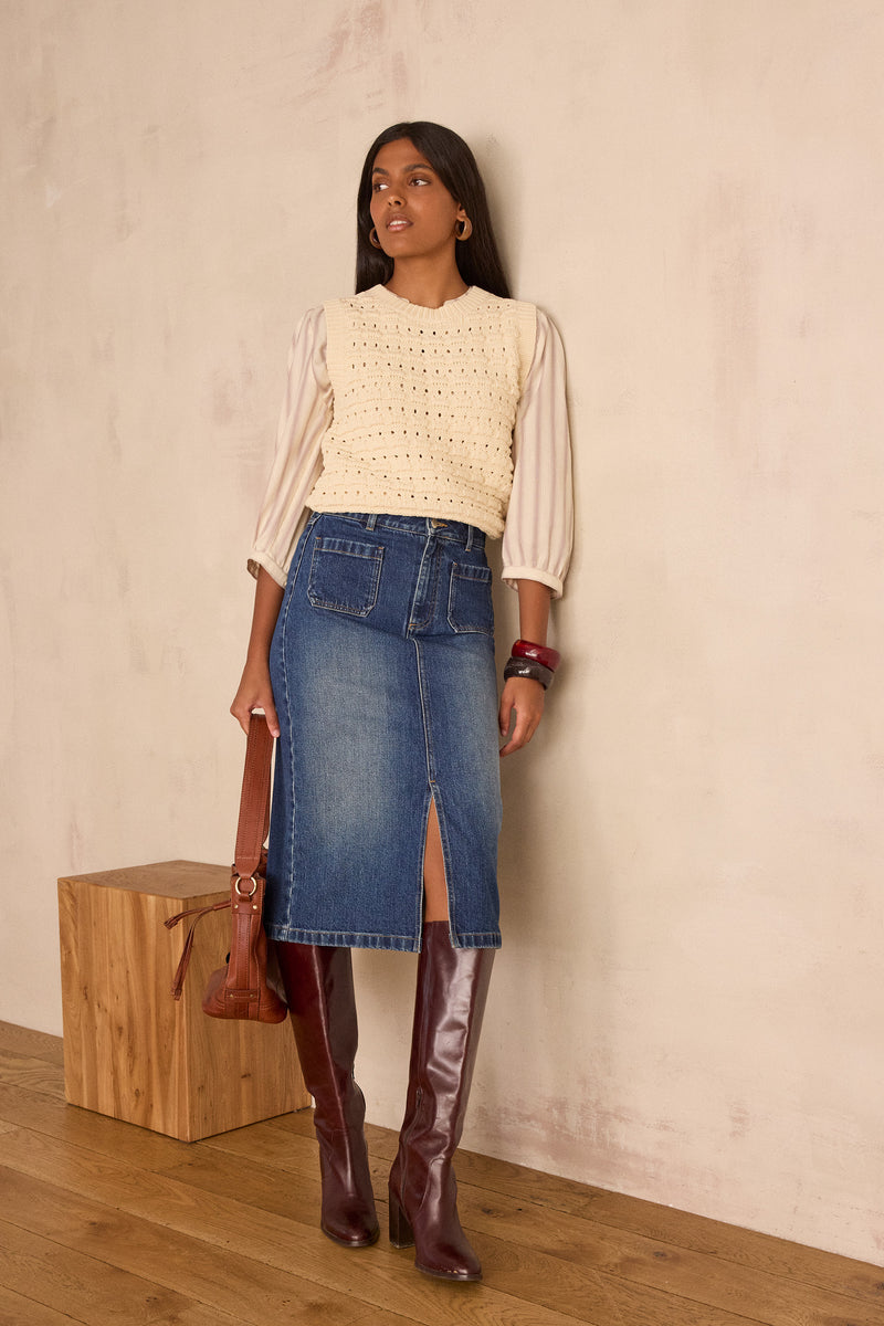 CLEO STRAIGHT SLIT DENIM SKIRT