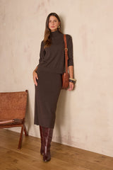 CHARLOTTE DARK BROWN STRAIGHT WOOL SKIRT