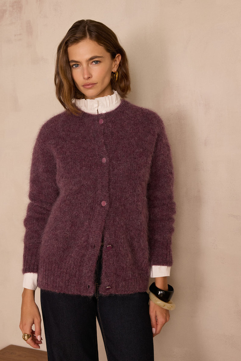 LOU AUBERGINE MOHAIR AND ALPACA CARDIGAN
