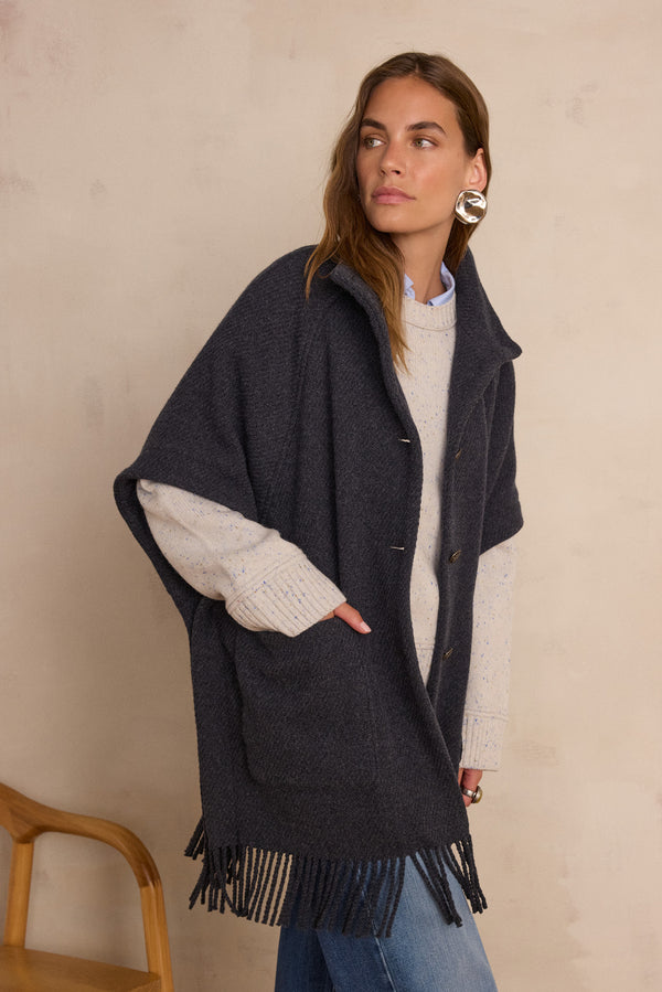 DESIREE GREY FRINGED WOOL CAPE