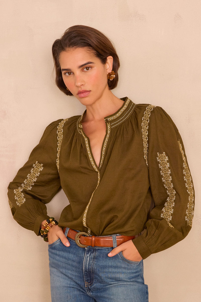 SIXTINE KHAKI EMBROIDERED BLOUSE