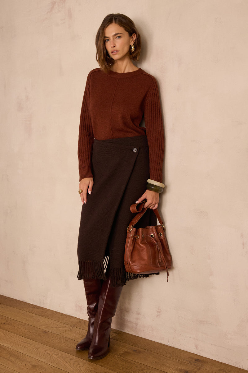 ELONA DARK BROWN LONG WOOL SKIRT