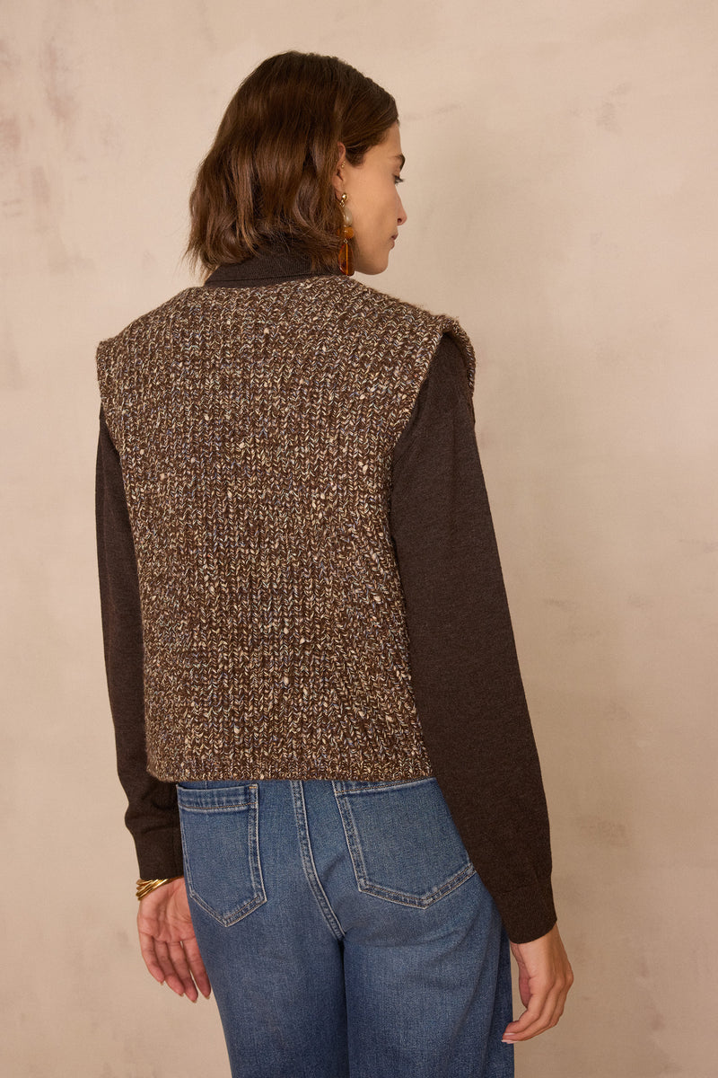 BASTIEN DARK BROWN SLEEVELESS WOOL CARDIGAN