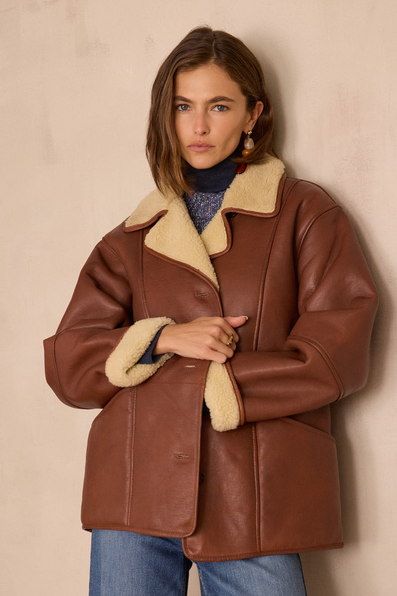 DEBBIE DARK CAMEL LEATHER COAT