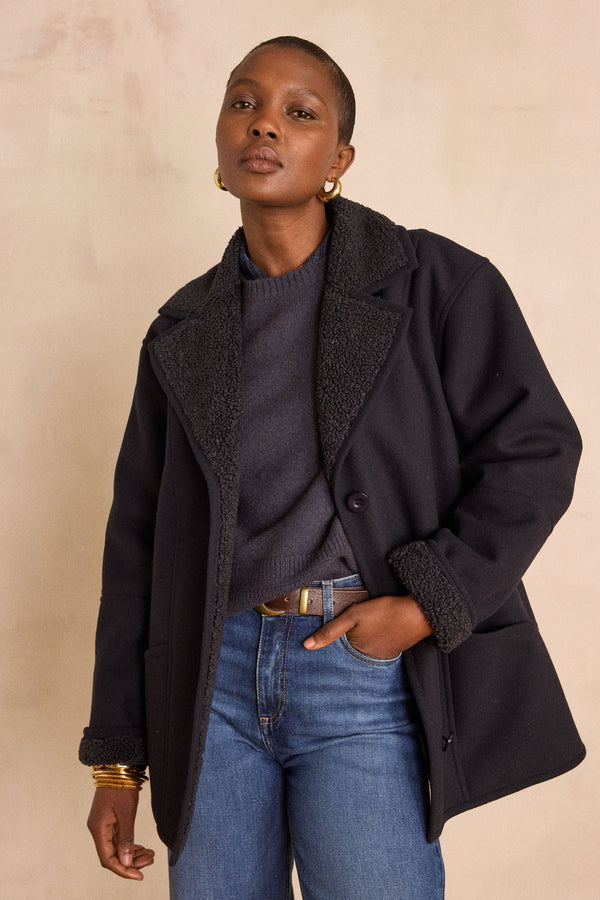 DEBBIE FAUX SHEARLING NAVY COAT