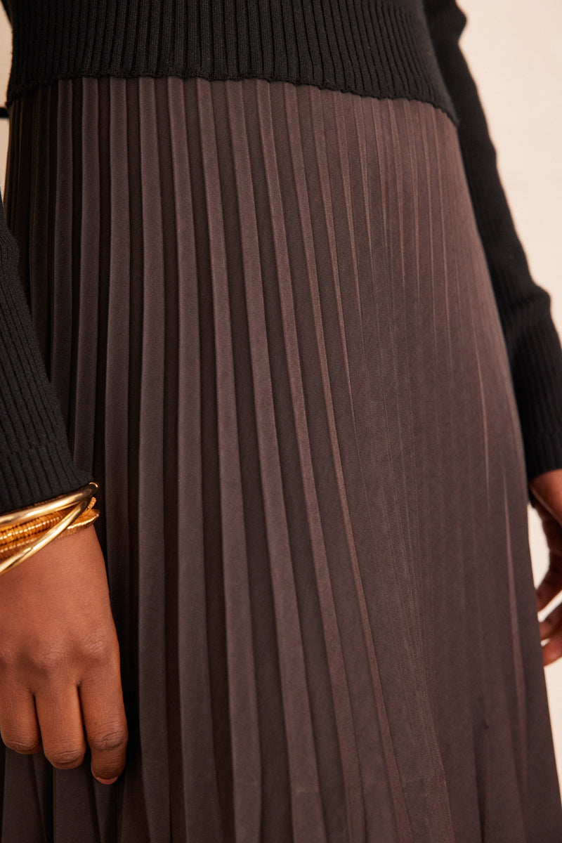 RUBIS MIXED-MATERIAL DARK BROWN DRESS