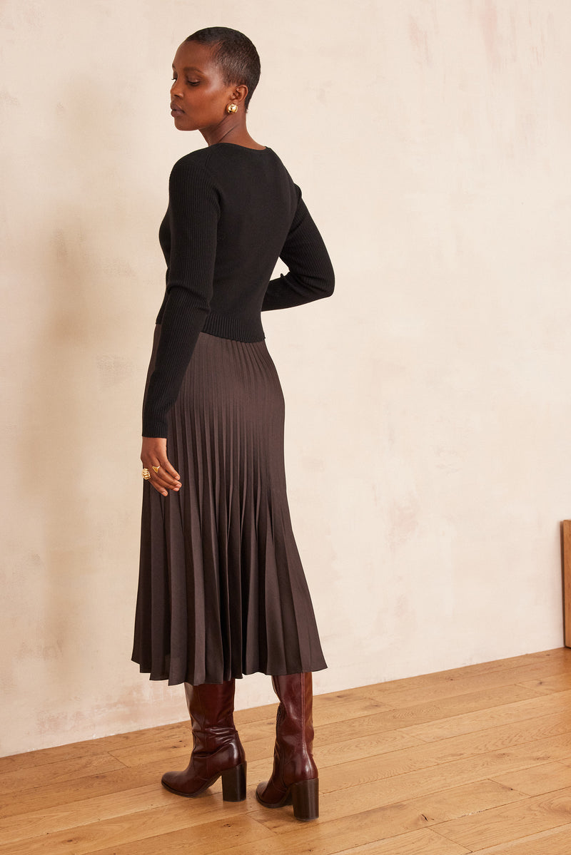 RUBIS MIXED-MATERIAL DARK BROWN DRESS