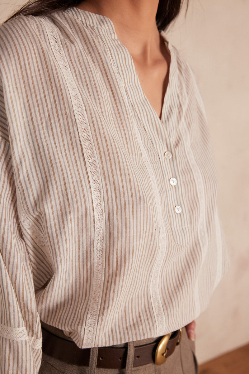 SALOME PALE GREY STRIPED LACE BLOUSE