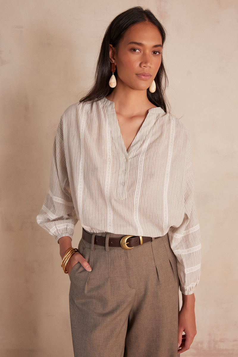 SALOME PALE GREY STRIPED LACE BLOUSE