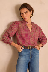 BETH DARK PINK CHECKED COTTON BLOUSE