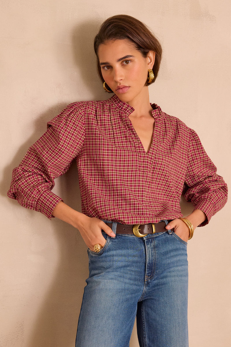 BETH DARK PINK CHECKED COTTON BLOUSE