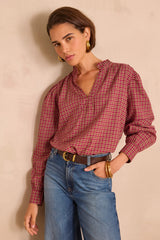 BETH DARK PINK CHECKED COTTON BLOUSE