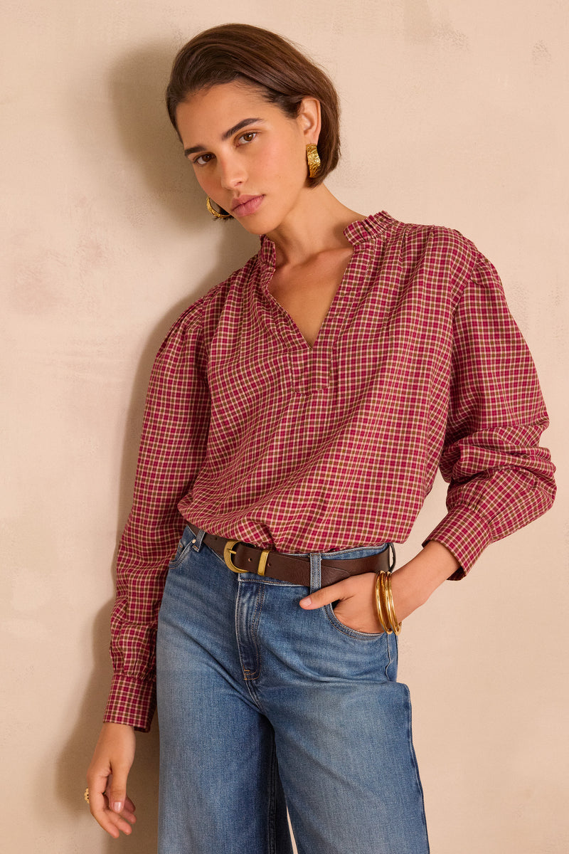 BETH DARK PINK CHECKED COTTON BLOUSE