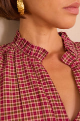 BETH DARK PINK CHECKED COTTON BLOUSE