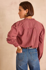 BETH DARK PINK CHECKED COTTON BLOUSE