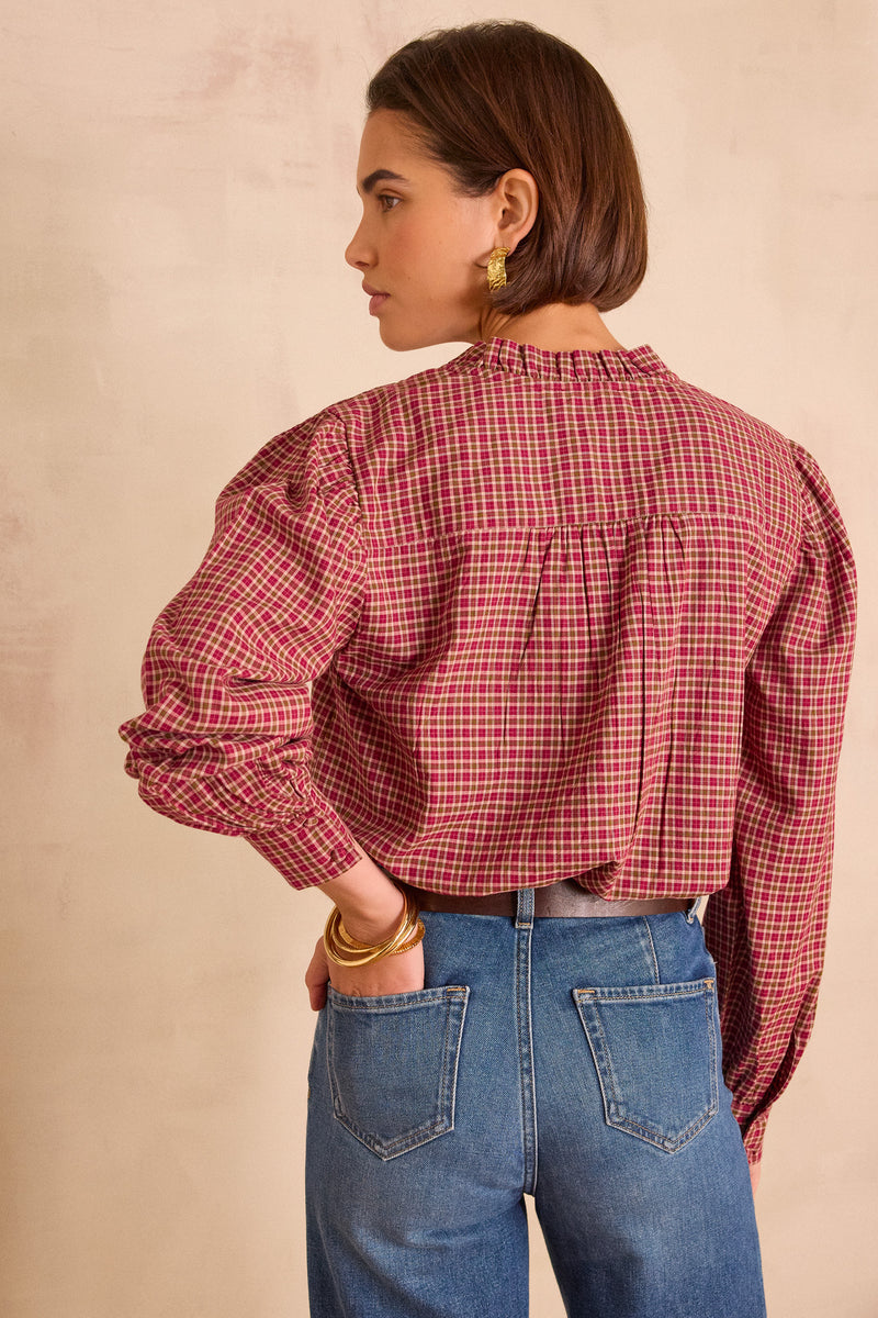 BETH DARK PINK CHECKED COTTON BLOUSE