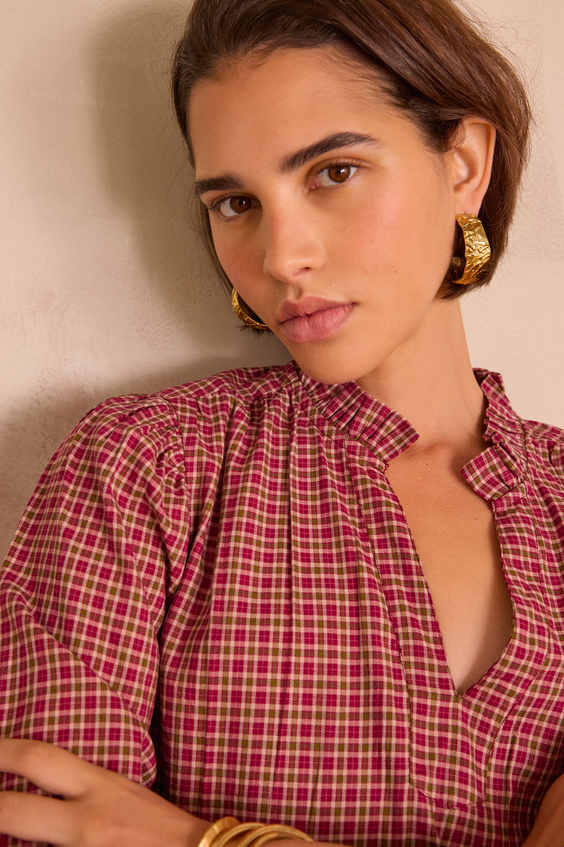 BETH DARK PINK CHECKED COTTON BLOUSE