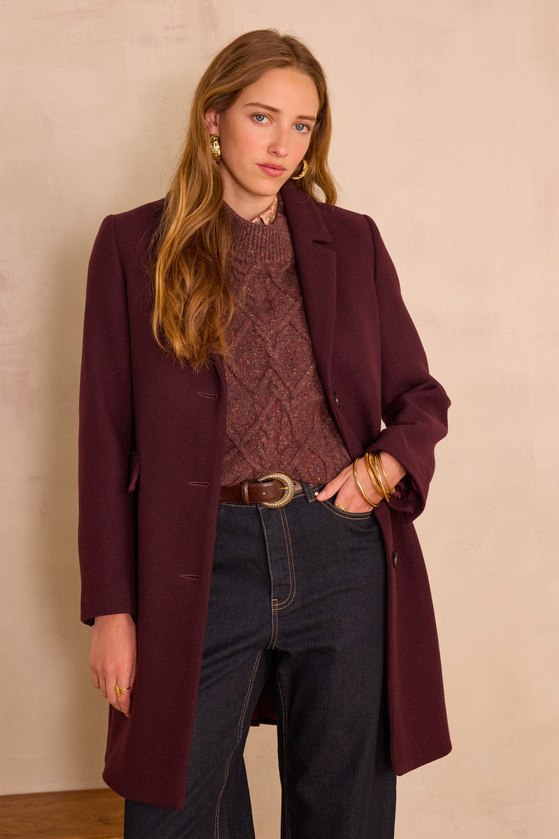 ANABELLE AUBERGINE MID-LENGTH WOOL COAT