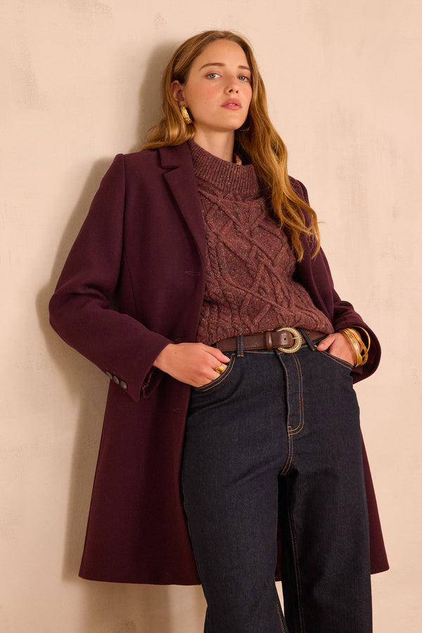 ANABELLE AUBERGINE MID-LENGTH WOOL COAT
