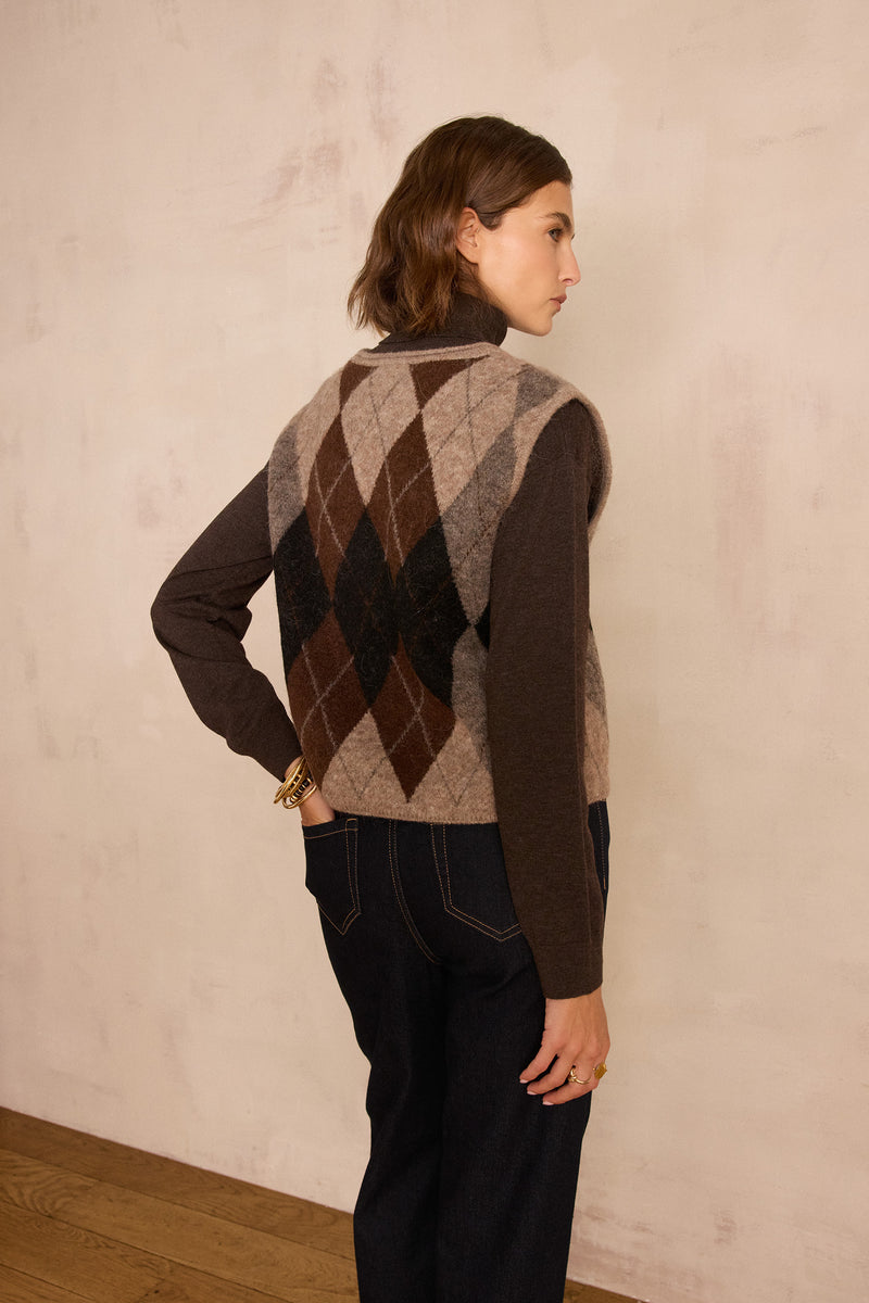 BENNY DARK BROWN WOOL AND ALPACA SLEEVELESS JUMPER