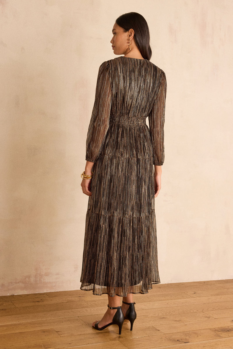REVEUSE COPPER LONG IRIDESCENT DRESS