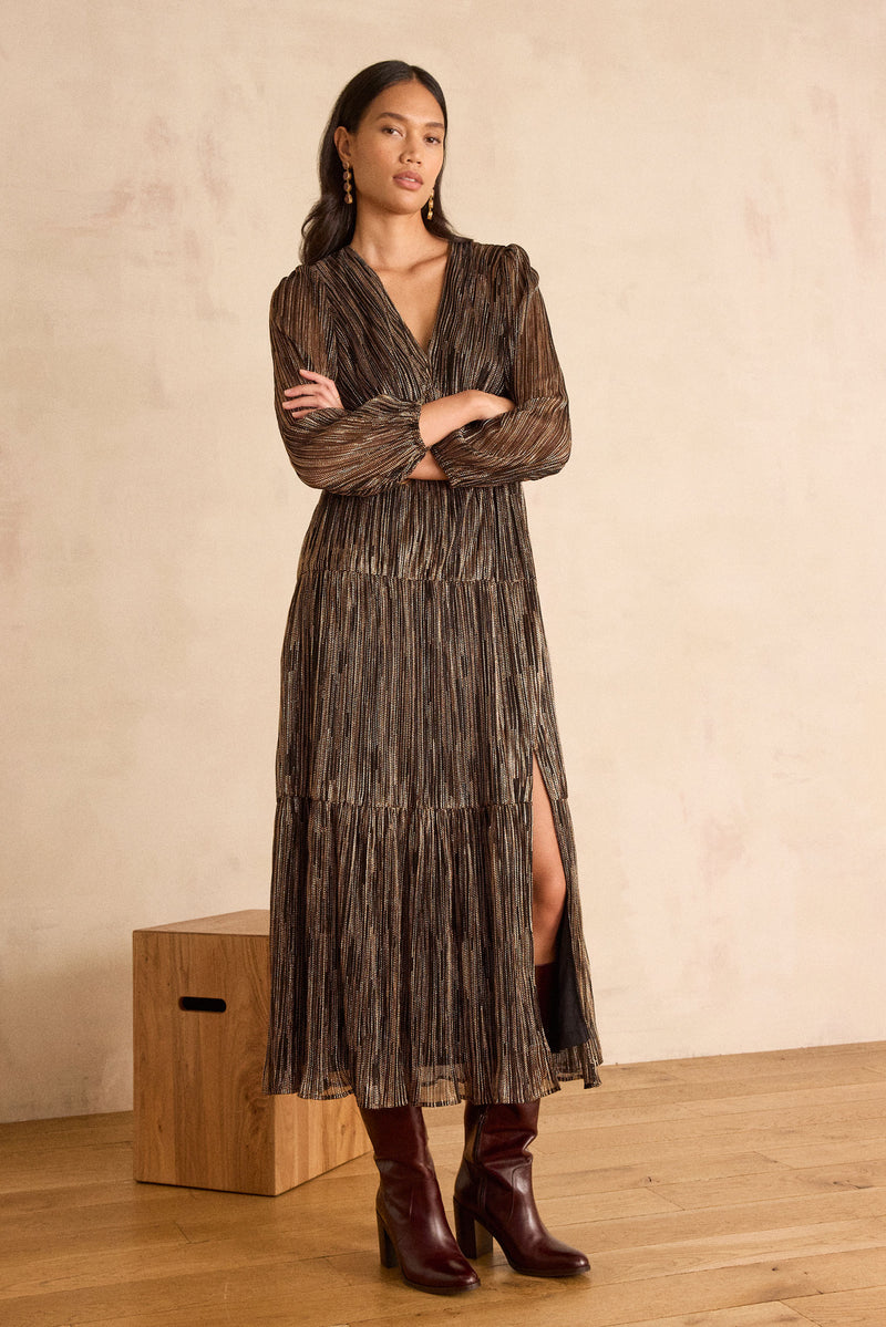 REVEUSE COPPER LONG IRIDESCENT DRESS
