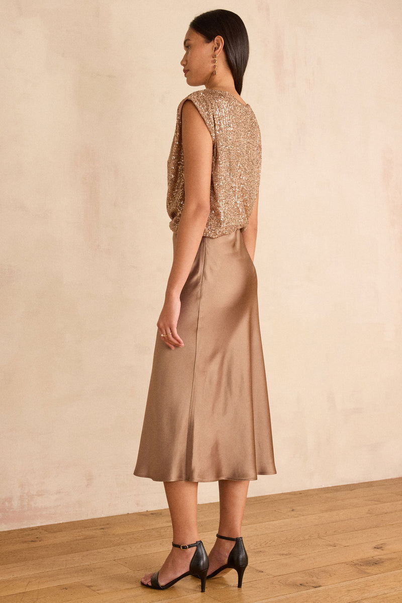 AMELIA DARK TAUPE STRAIGHT SATIN SKIRT