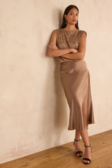AMELIA DARK TAUPE STRAIGHT SATIN SKIRT