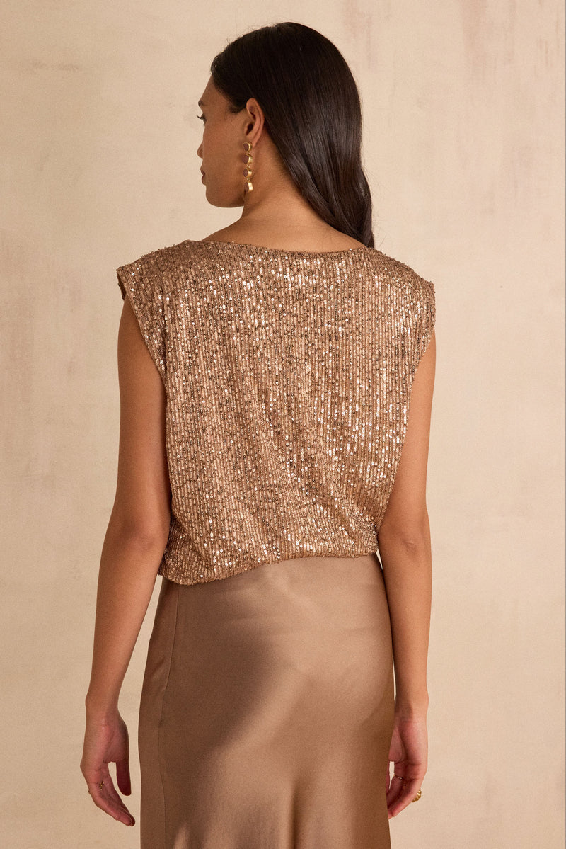 FELICITE COPPER SLEEVELESS SEQUIN T-SHIRT