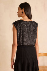 FELICITE BLACK SLEEVELESS SEQUIN T-SHIRT