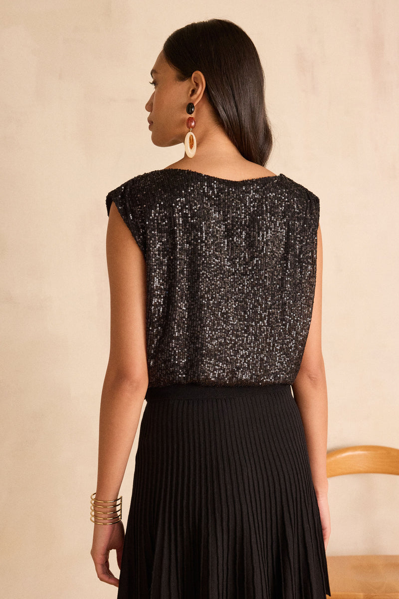 FELICITE BLACK SLEEVELESS SEQUIN T-SHIRT