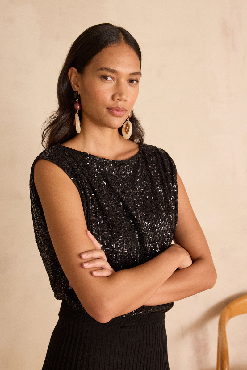 FELICITE BLACK SLEEVELESS SEQUIN T-SHIRT