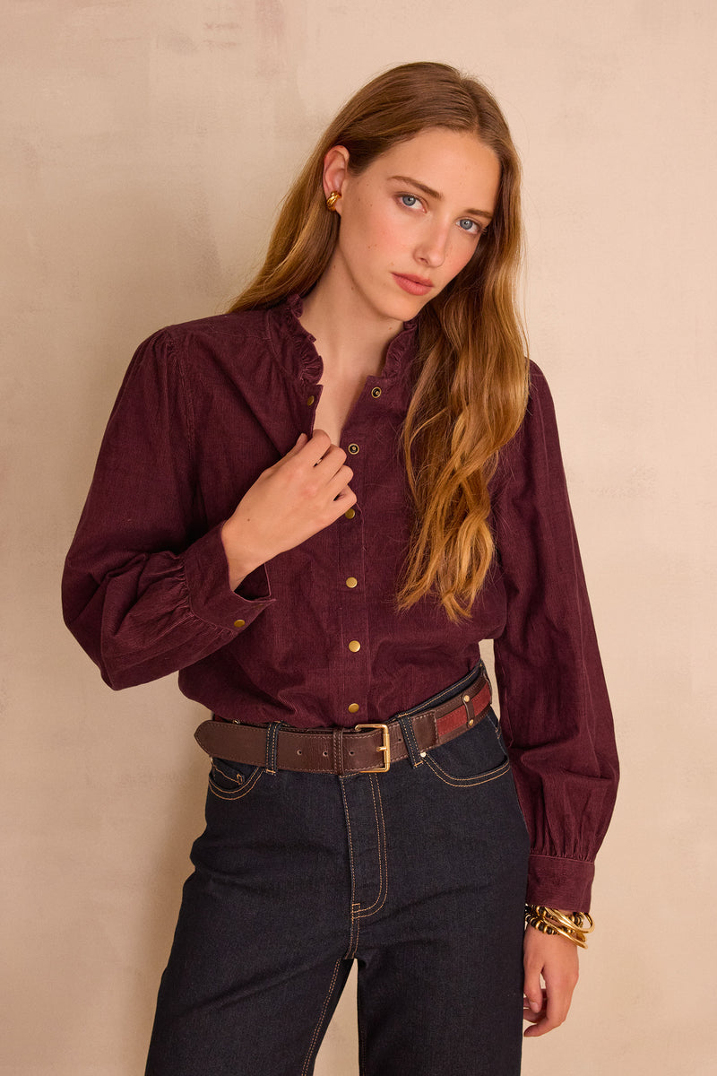 SERAPHINE AUBERGINE COTTON VELVET BLOUSE