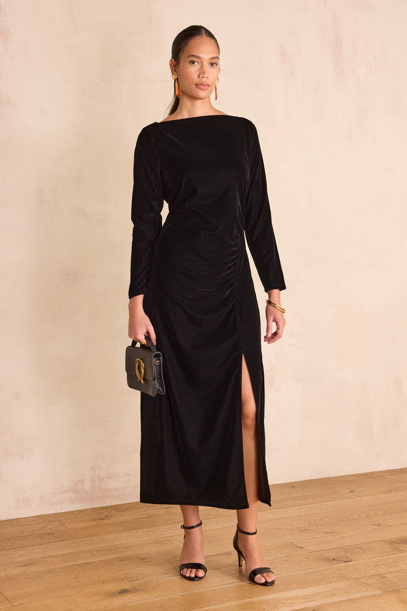 RAFAELA BLACK LONG VELVET DRESS