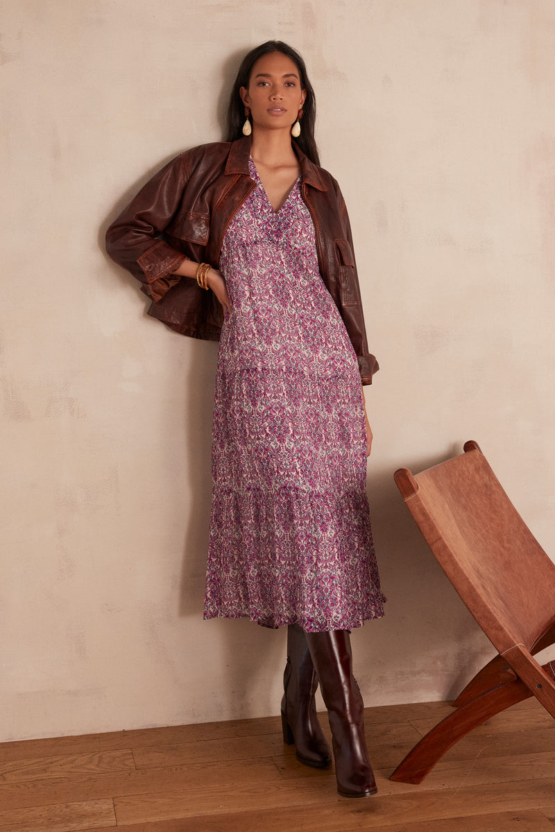 ALBINA DARK FUCHSIA ARABESQUE PRINTED DRESS