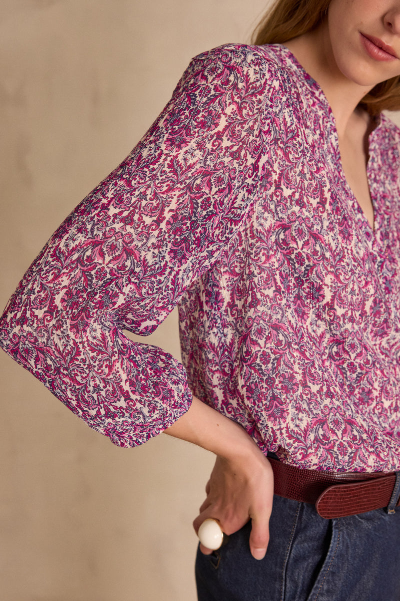BRUNETTE DARK FUCHSIA ARABESQUE PRINTED BLOUSE