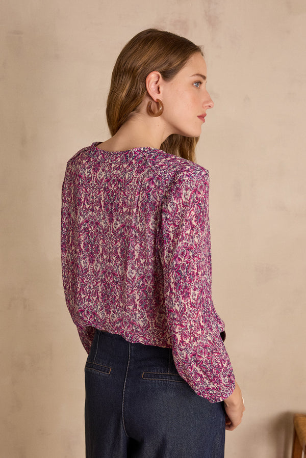 BRUNETTE DARK FUCHSIA ARABESQUE PRINTED BLOUSE