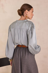DEESSE CELADON PUFF SLEEVES SATIN BLOUSE