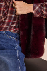 BROOKLYN BURGUNDY FAUX FUR SLEEVELESS JACKET