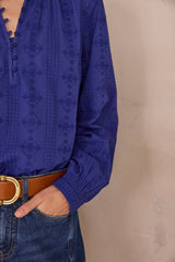 DELICE ROYAL BLUE FLORAL EMBROIDERY COTTON BLOUSE