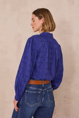 DELICE ROYAL BLUE FLORAL EMBROIDERY COTTON BLOUSE