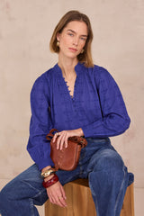 DELICE ROYAL BLUE FLORAL EMBROIDERY COTTON BLOUSE
