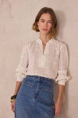 DELICE CREAM FLORAL EMBROIDERY COTTON BLOUSE